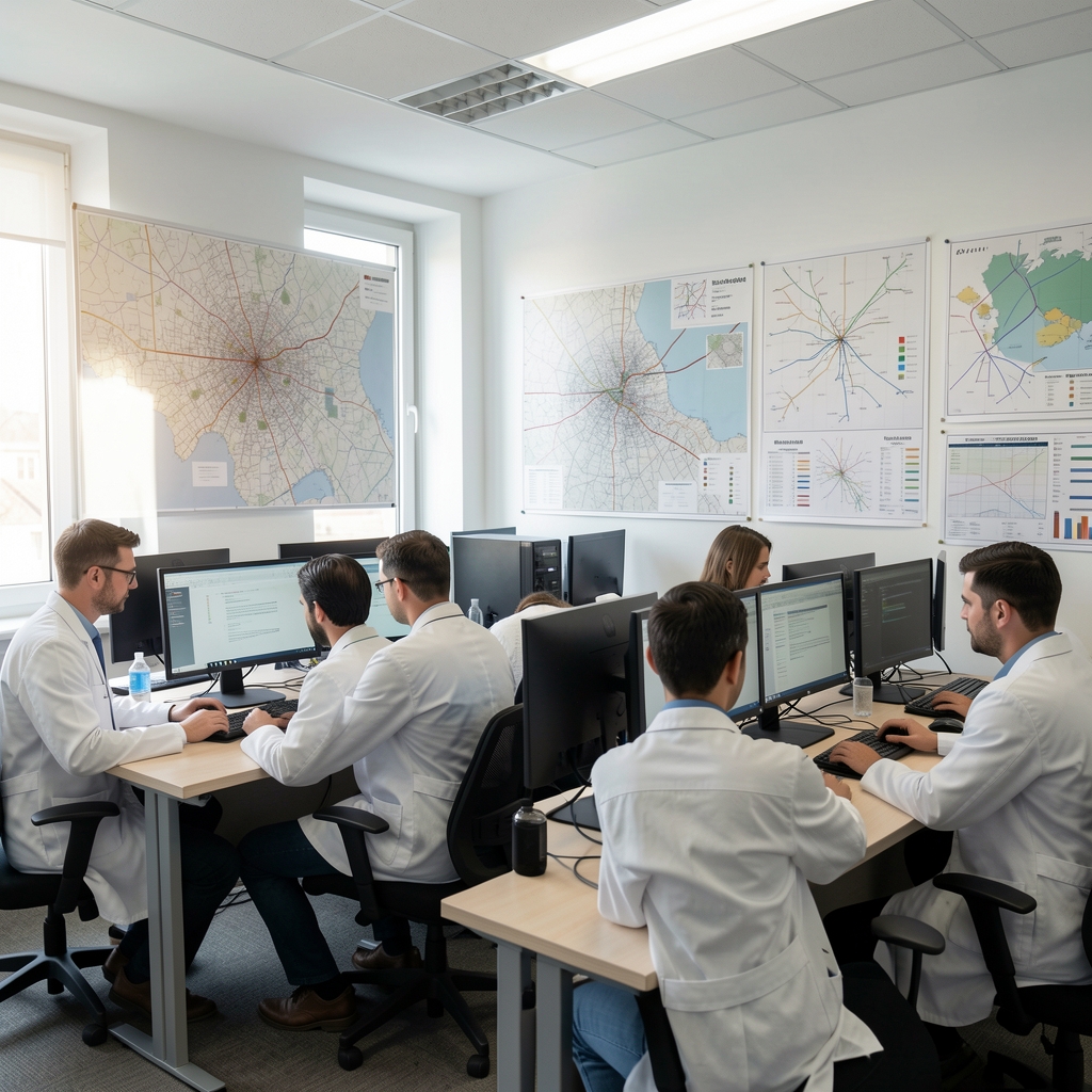 Модерна канцеларија аналитичког центра са истраживачима поред рачунара и великим монитором са енергетским подацима