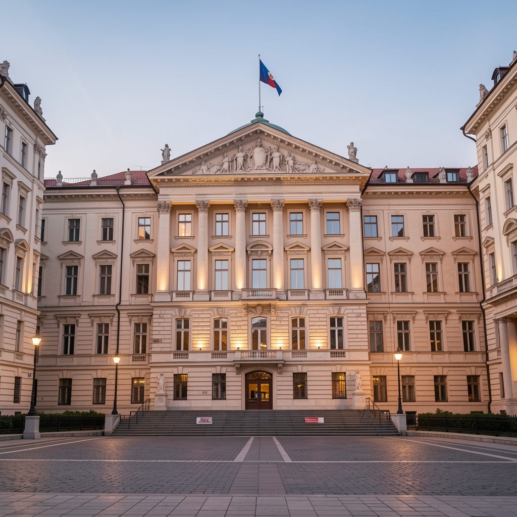 Зграда Народне скупштине Србије у Београду у вечерњем освјетљењу, представљајући регулаторни и законодавни оквир