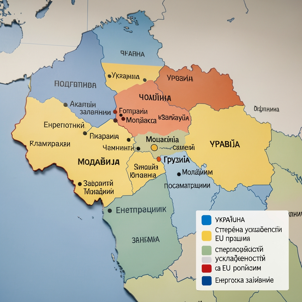 Политичка карта Енергетске заједнице са означеним чланицама и земљама посматрачима — Западни Балкан, Украјина, Молдавија и Грузија, са индикаторима степена усклађености са EU прописима