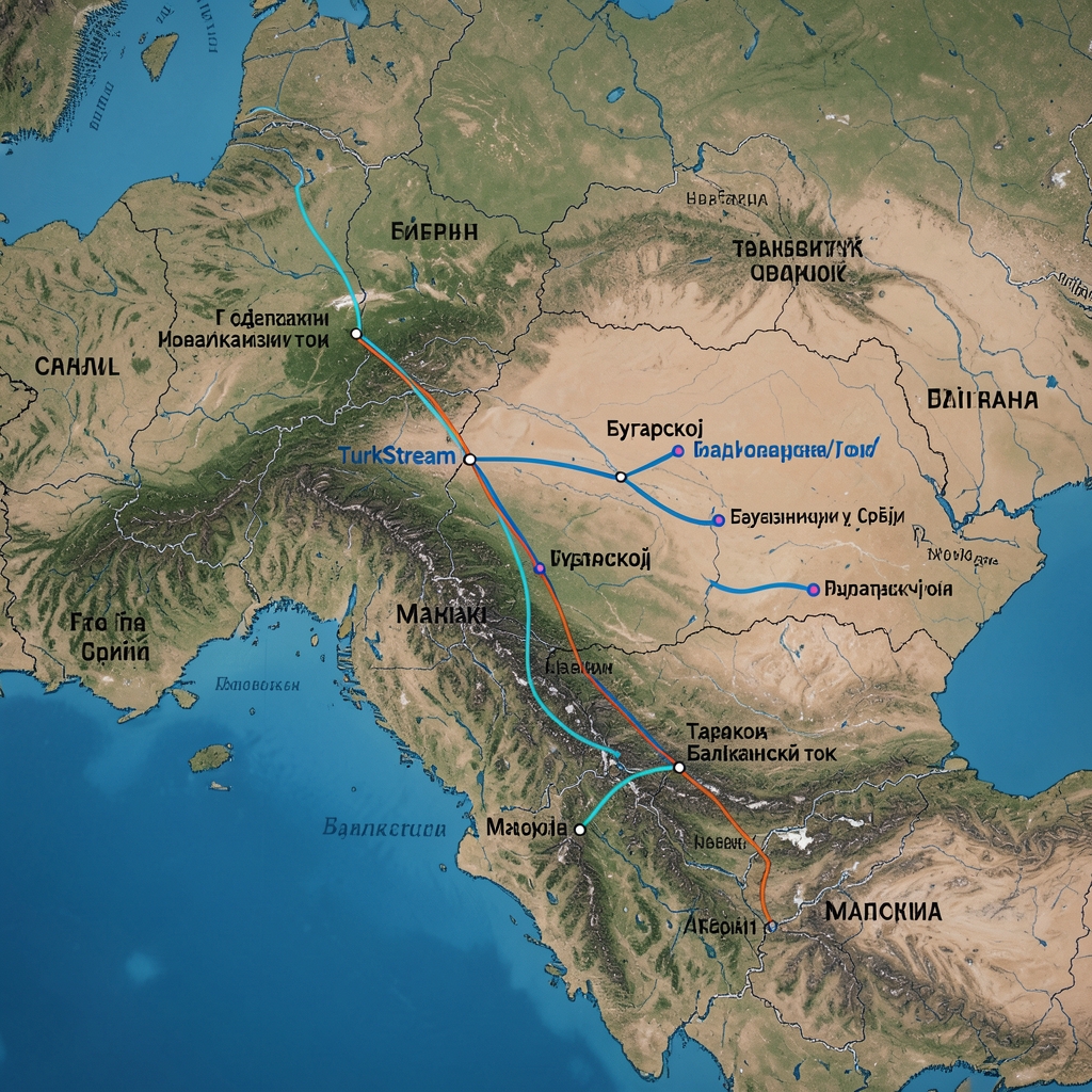 Детаљна карта гасоводних транзитних коридора на Балкану — трасе TurkStream/Балкански ток, транзитни чворови у Србији, Бугарској и Мађарској са означеним правцима тока гаса